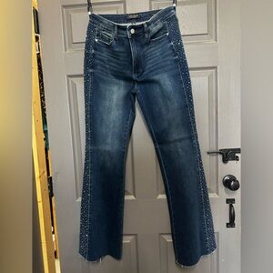Judy Blue Women’s Dark Blue Flare Fit Jeans with Rhinestone Accents & Raw Hem
